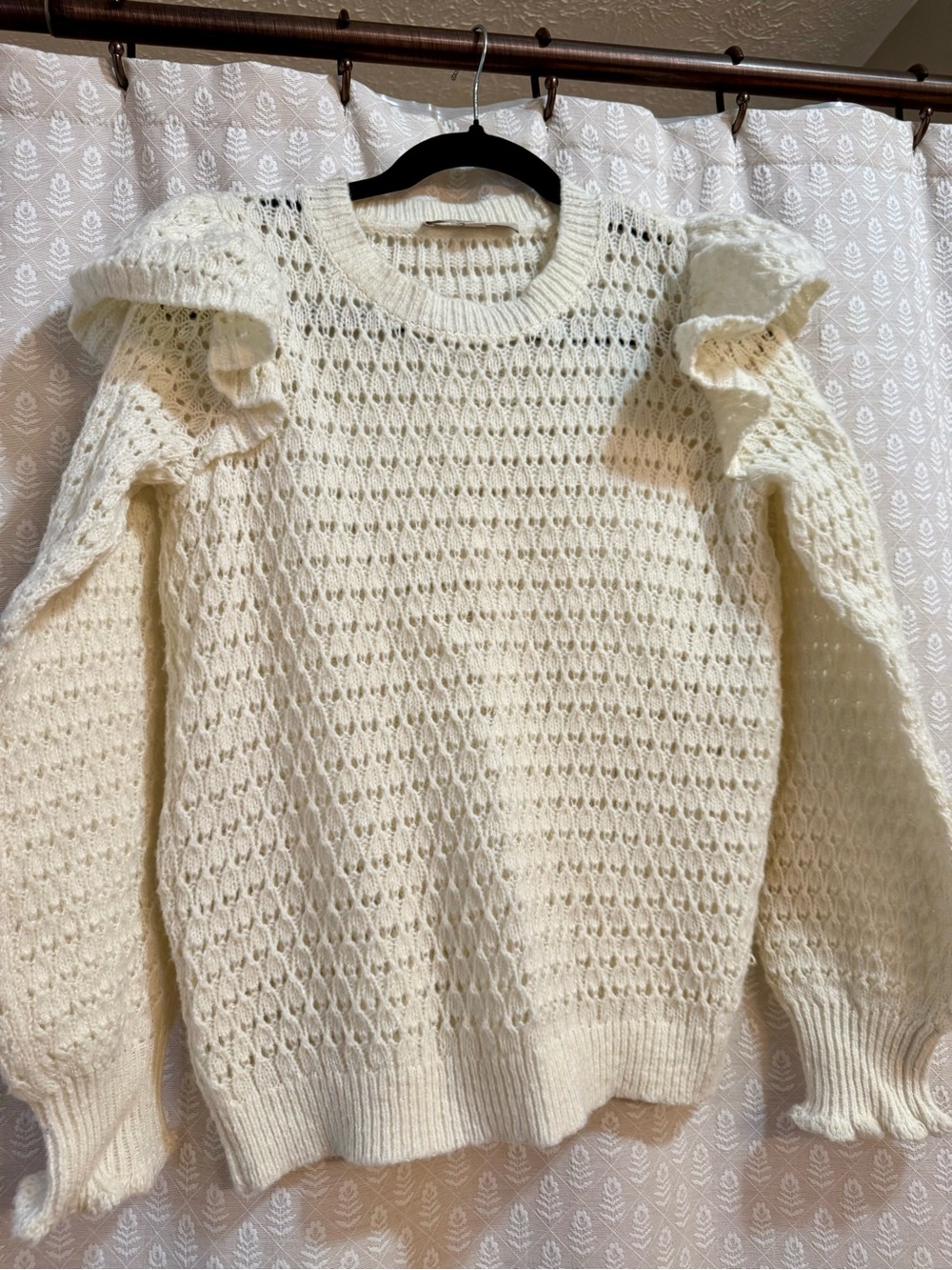 LOFT Cream Openwork Ruffle Shoulder Sweater - Picture 2 of 3